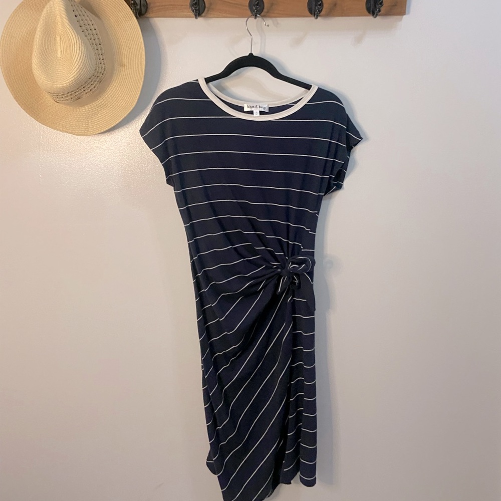 Wren & Ivory Maternity Dress The Blake Striped Tie Midi in Navy Size Small